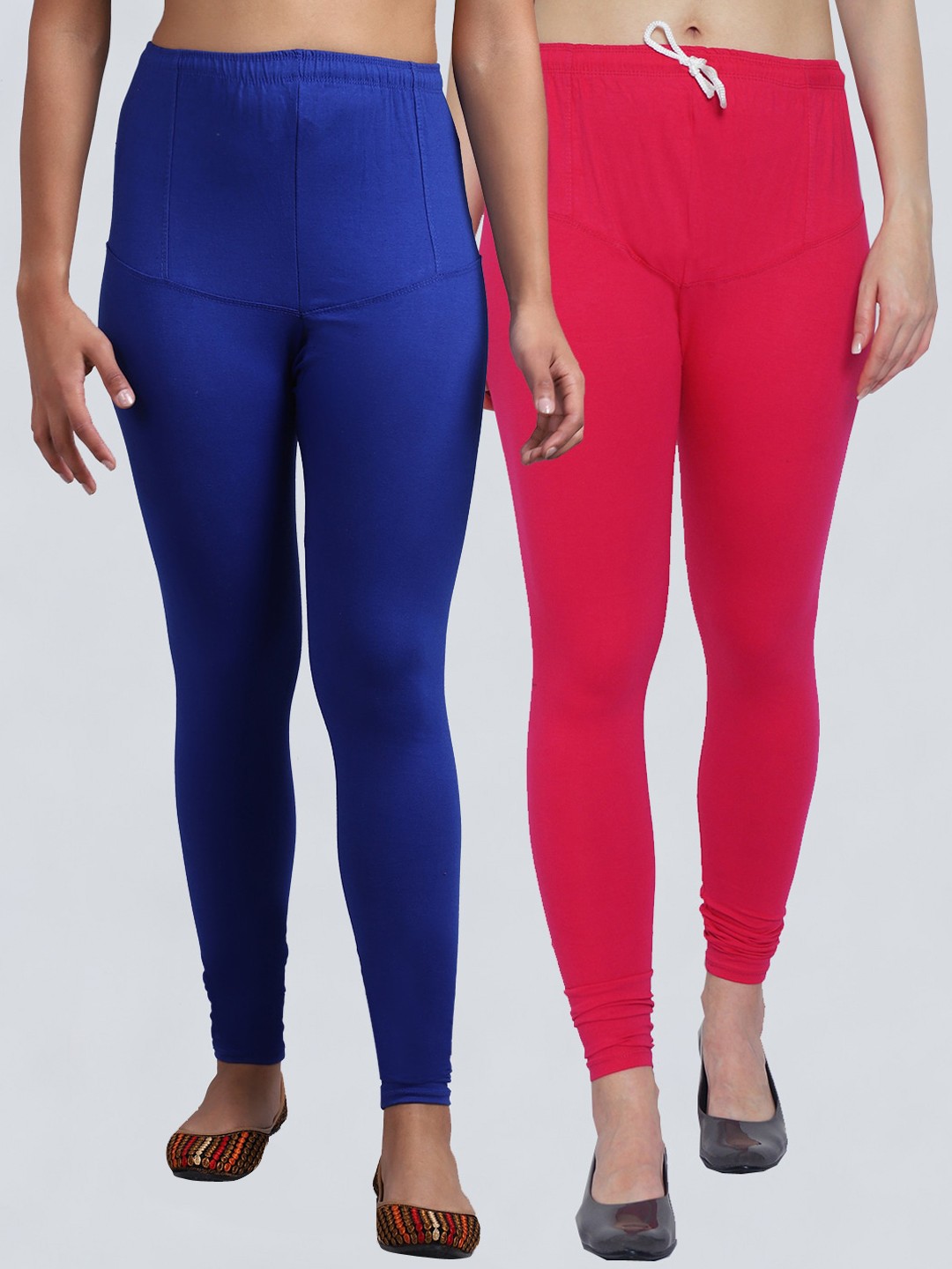 

Jinfo Women Pack of 2 Blue and Pink Solid Churidar Length Leggings