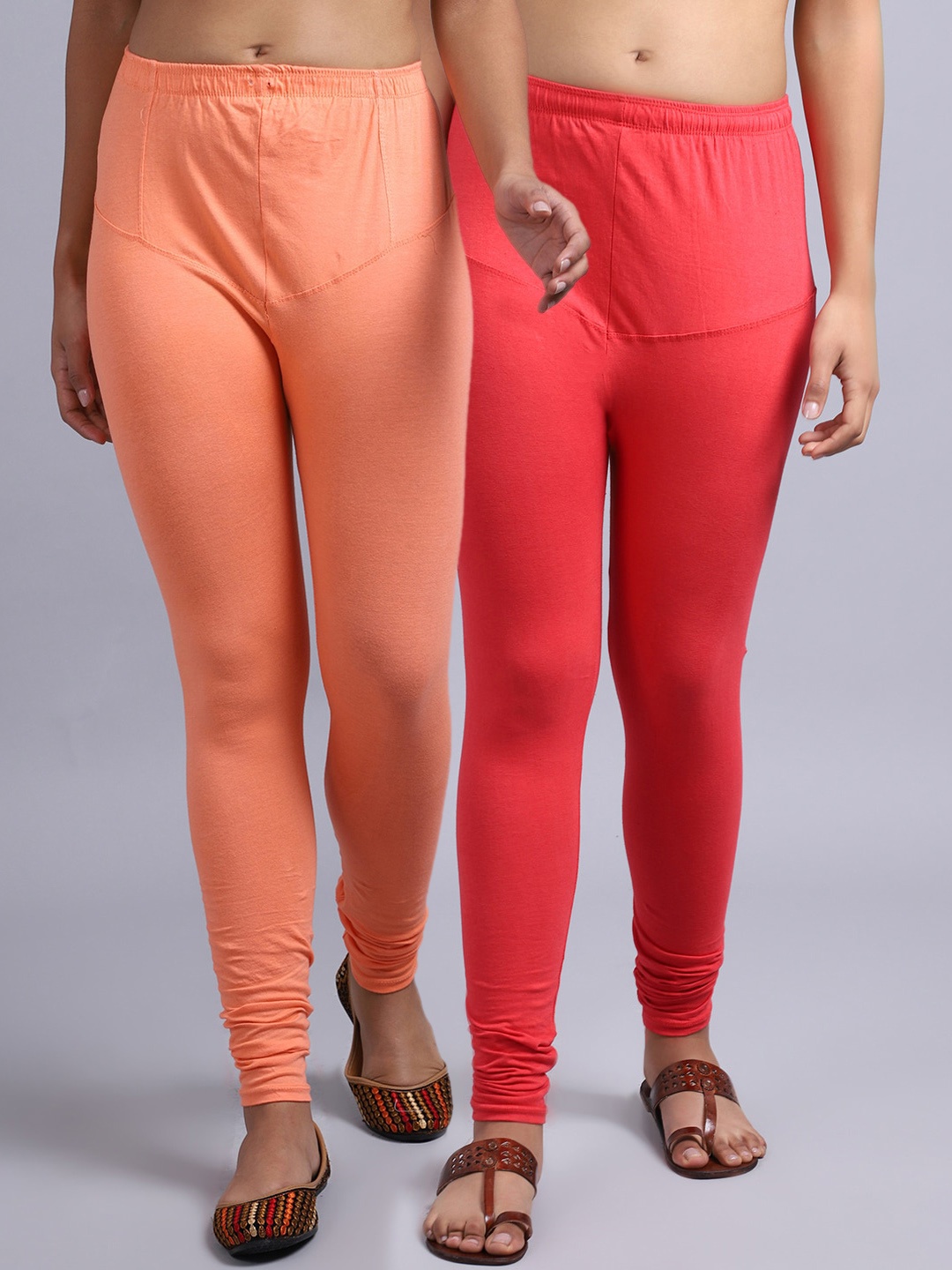 

Jinfo Women Pack Of 2 Solid Churidar-Length Ankle-Length Leggings, Peach