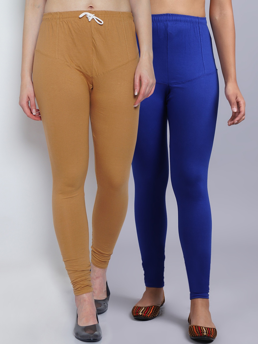 

Jinfo Women Pack Of 2 Blue & Brown Solid Churidar-Length Leggings