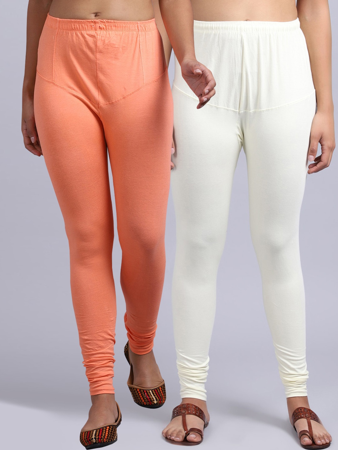 

Jinfo Women Pack Of 2 Peach & Off-White Solid Churidar-Length Leggings