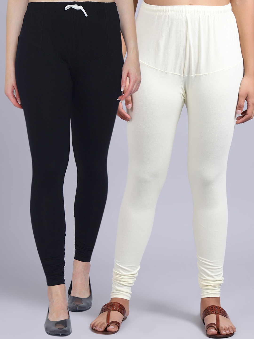 

Jinfo Women Pack Of 2 Black & Off-White Solid Churidar Length Leggings