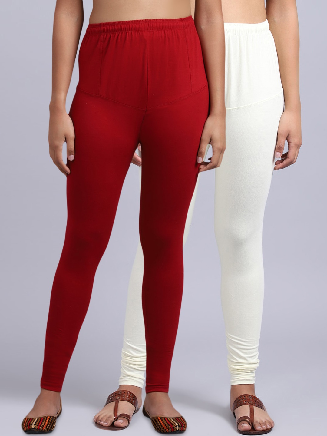 

Jinfo Women Pack Of 2 Maroon & Off-White Solid Churidar Length Leggings