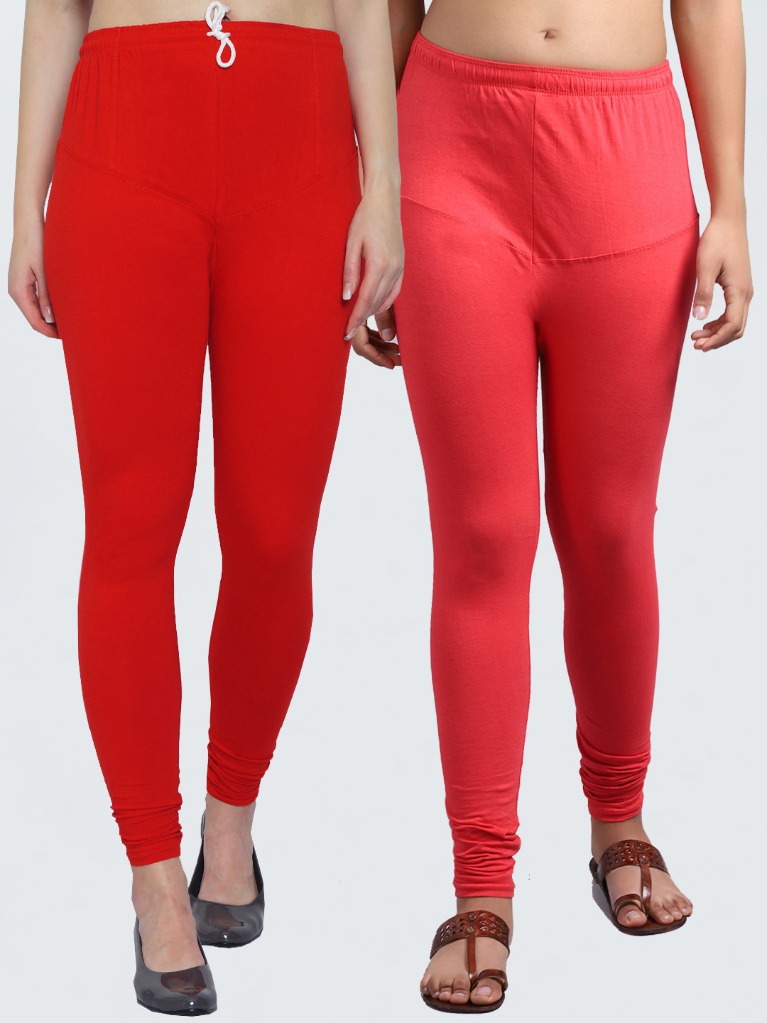 

Jinfo Women Pack of 2 Red & Pink Solid Churidar Length Leggings