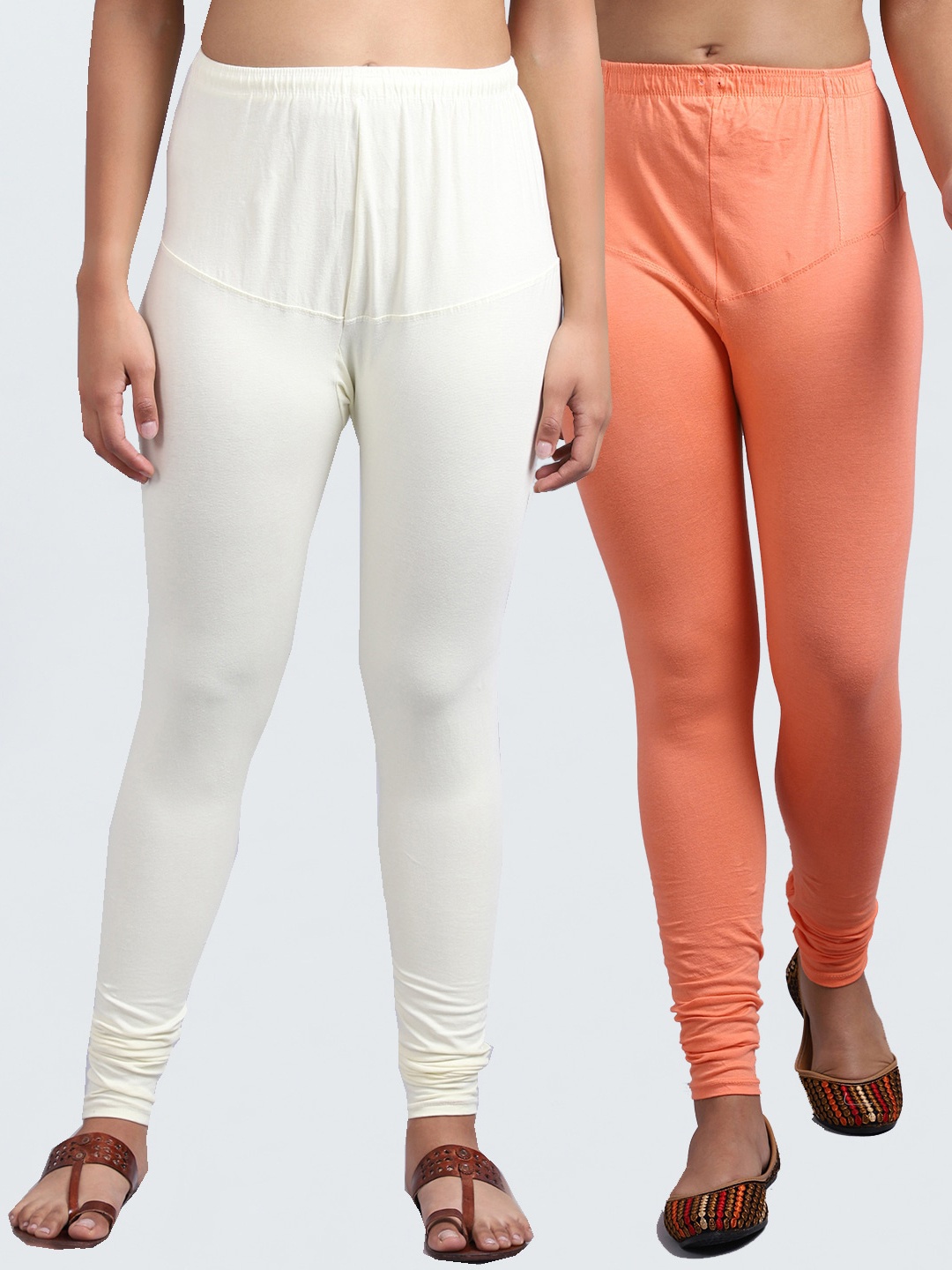

Jinfo Women Peach & Off-White Pack Of 2 Solid Churidar Length Leggings