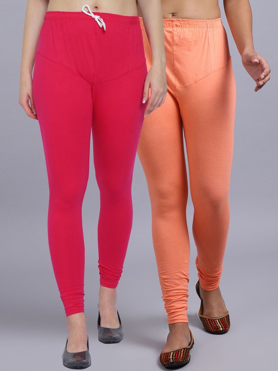 

Jinfo Women Pack Of 2 Pink & Peach Solid Churidar Length Leggings