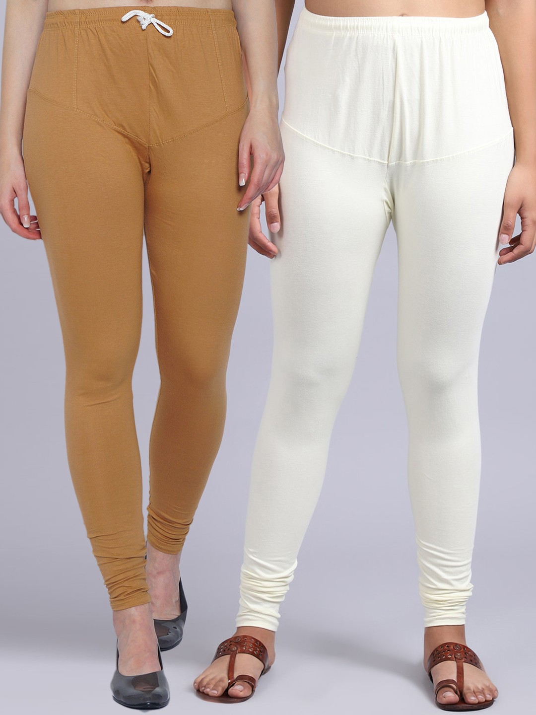 

Jinfo Women Pack Of 2 Solid Dark Skin & Off White Churidar-Length Leggings, Beige