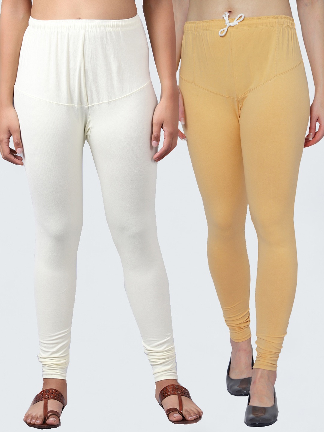

Jinfo Women Pack Of 2 Beige & Off-White Solid Churidar Length Leggings