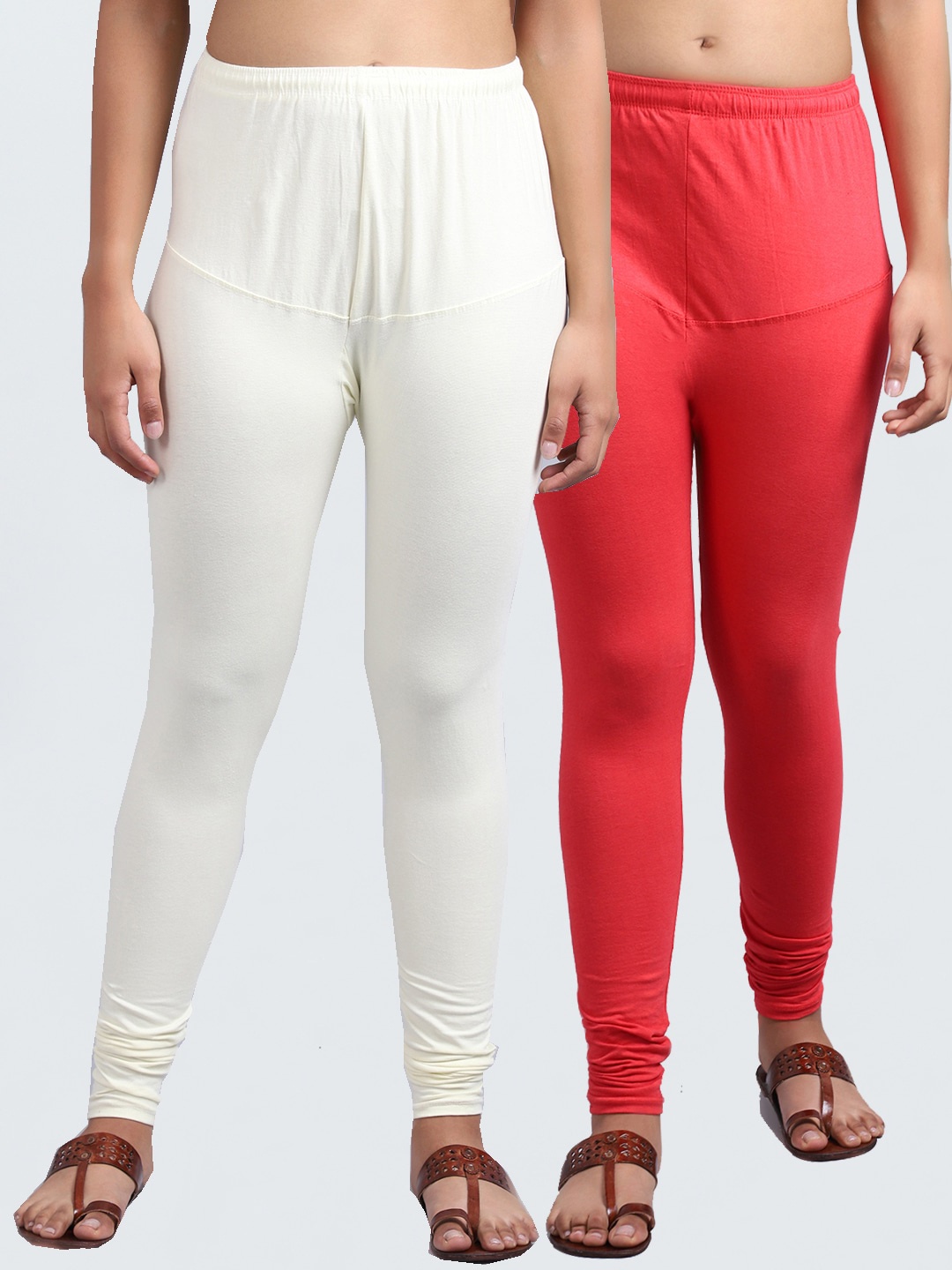 Jinfo Women Pack Of 2 Orange Colored & Off-White Solid Ankle Length Leggings