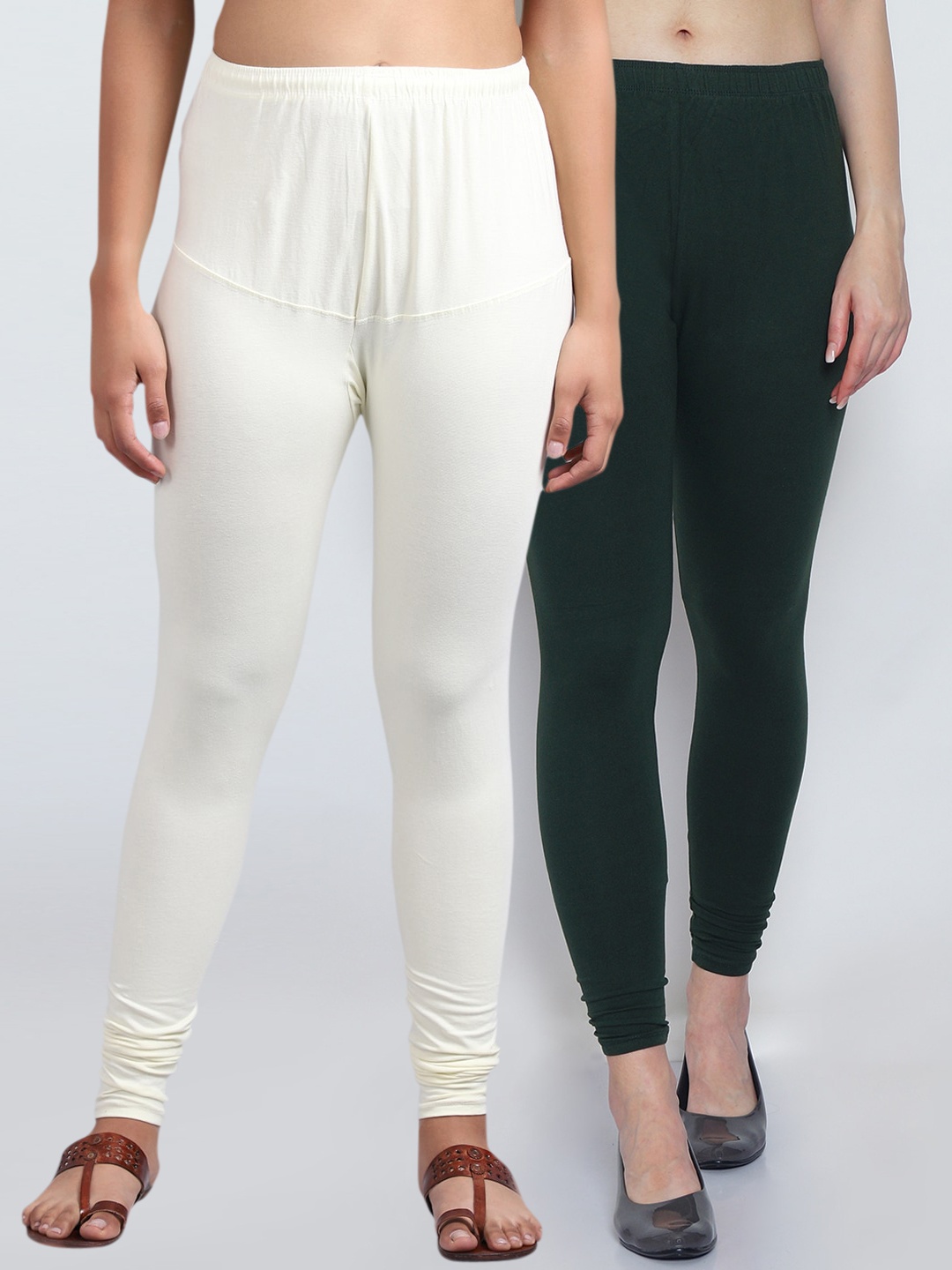 

Jinfo Women Pack Of 2 Green & Off White Solid Churidar-Length Leggings