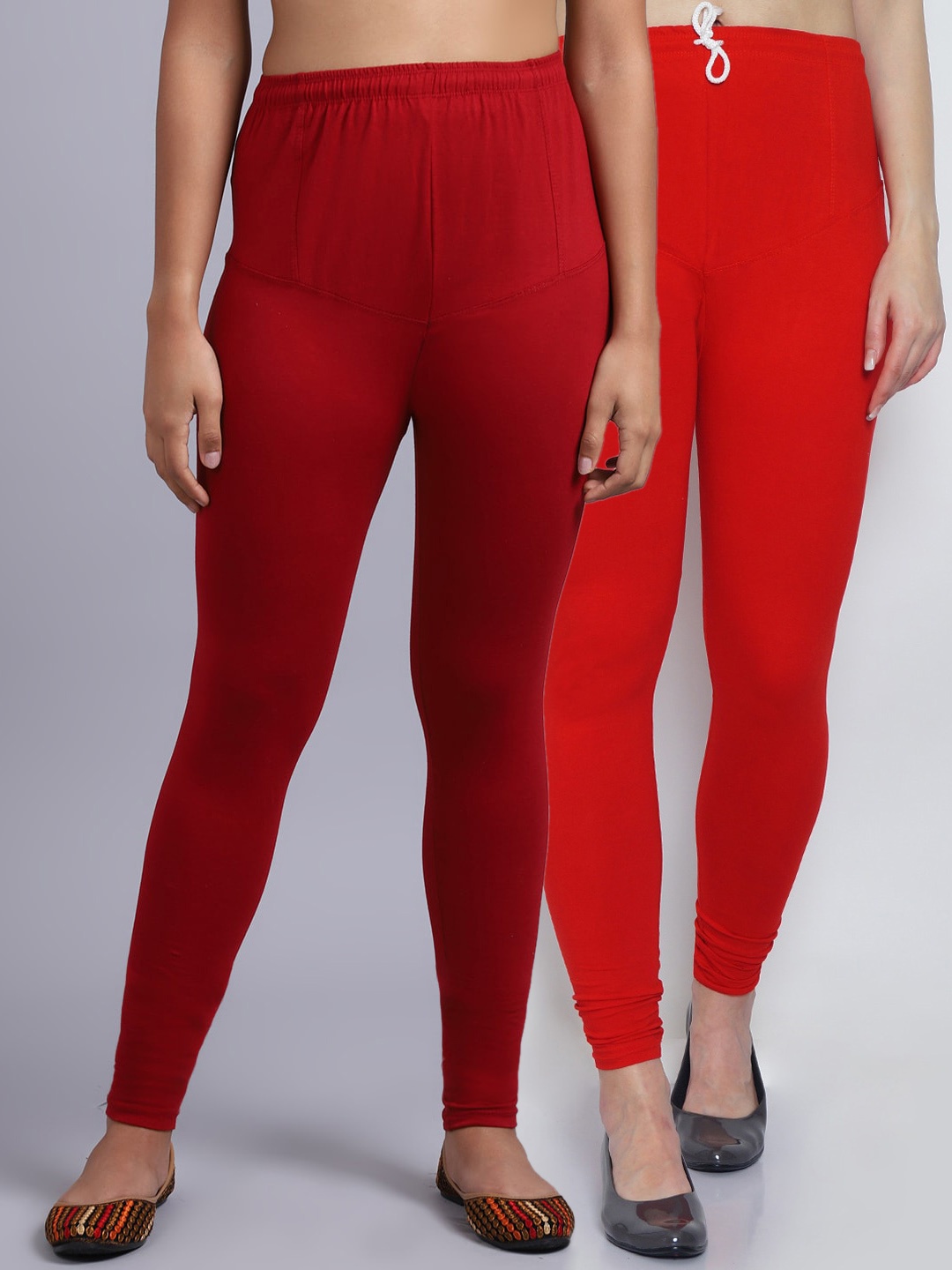 

Jinfo Women Pack Of 2 Maroon and Red Solid Churidar-Length Leggings