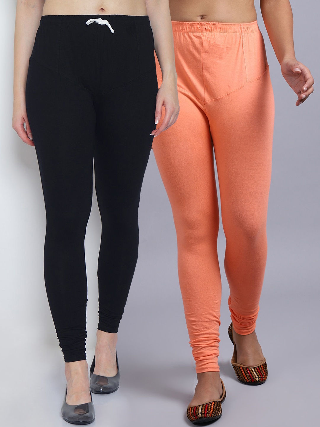 

Jinfo Women Pack Of 2 Black and Peach Solid Churidar-Length Leggings