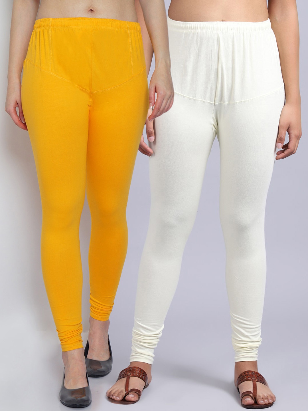 

Jinfo Women Yellow & Off-White Pack Of 2 Yellow & Off-White Solid Churidar Length Leggings