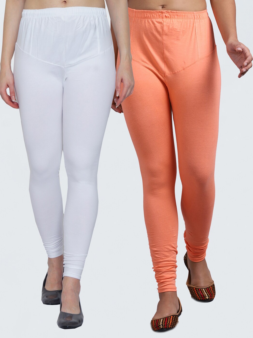 

Jinfo Women White & Peach Pack Of 2 Solid Churidar-Length Leggings