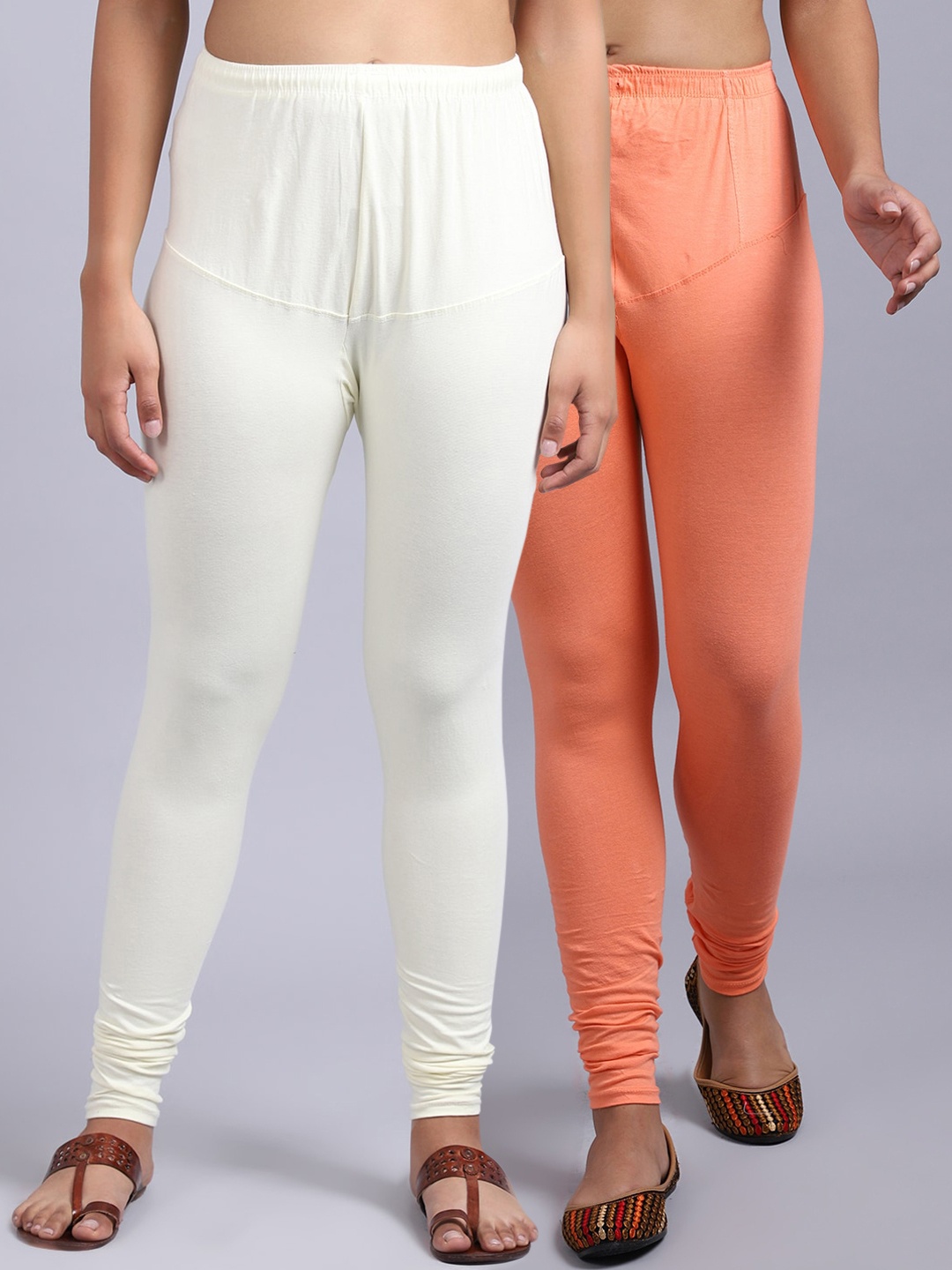 

Jinfo Women Pack of 2 Solid Churidar Length Leggings, Peach