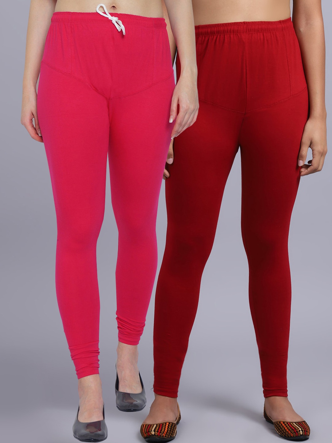 

Jinfo Women Pack Of 2 Solid Churidar-Length Leggings, Pink