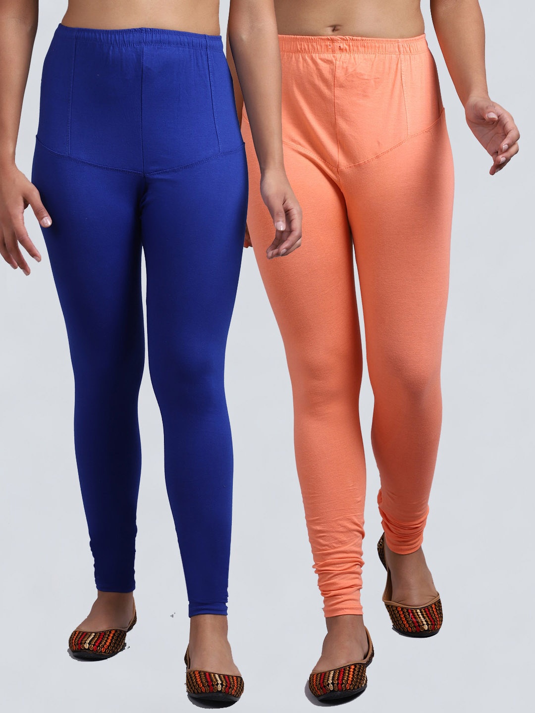 

Jinfo Women Pack Of 2 Blue & Peach Colored Solid Ankle Length Leggings