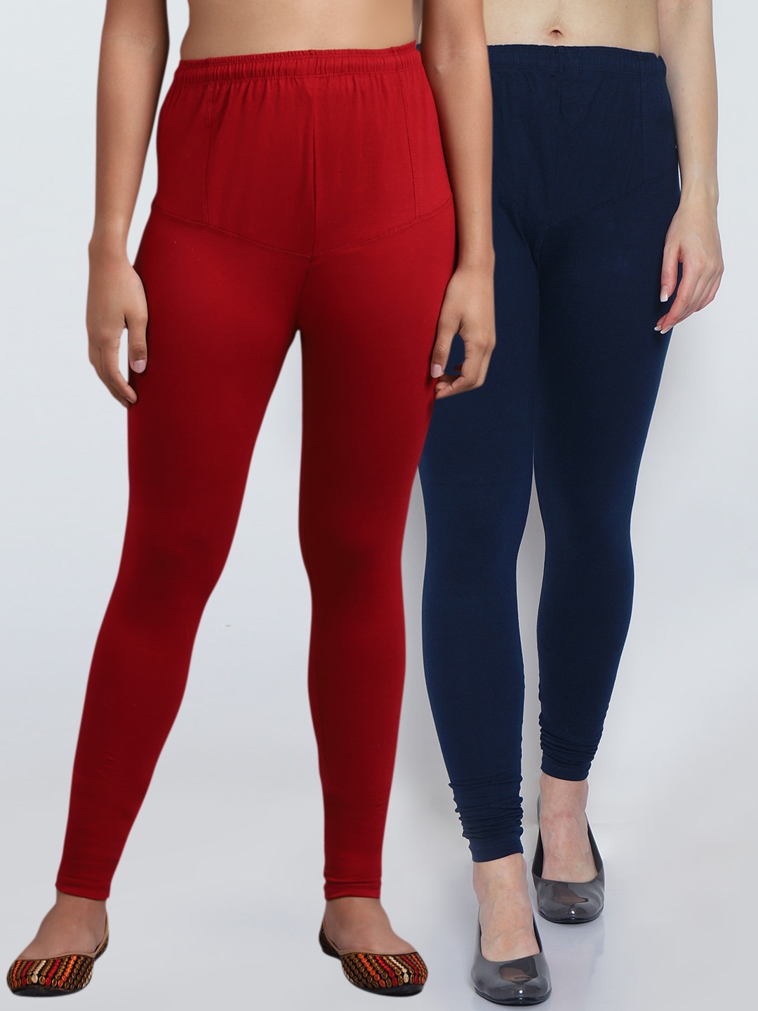 

Jinfo Women Pack Of 2 Maroon & Navy Blue Solid Churidar Length Leggings