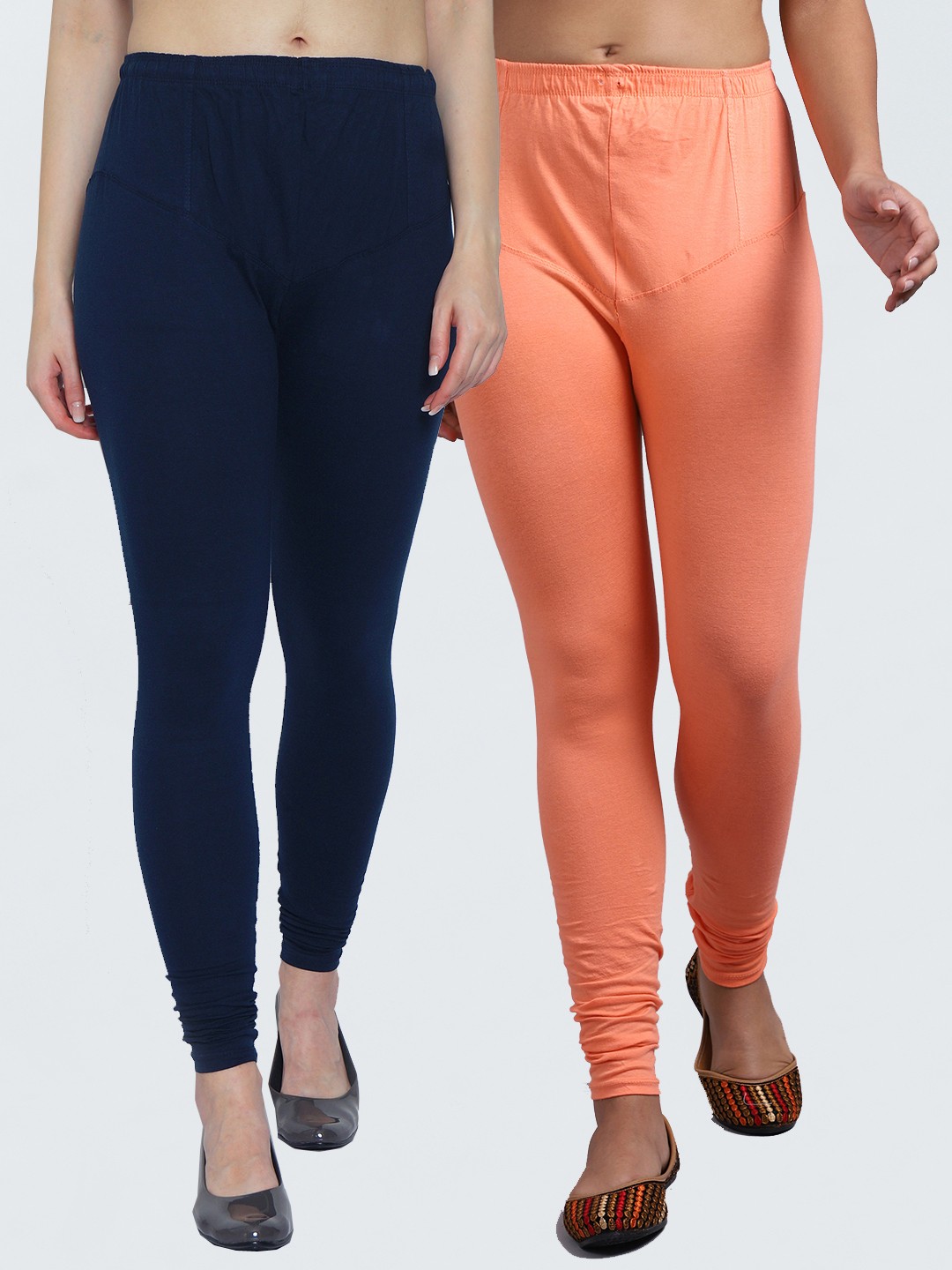 

Jinfo Women Blue & Peach Solid Churidar Length Leggings Pack of 2, Navy blue