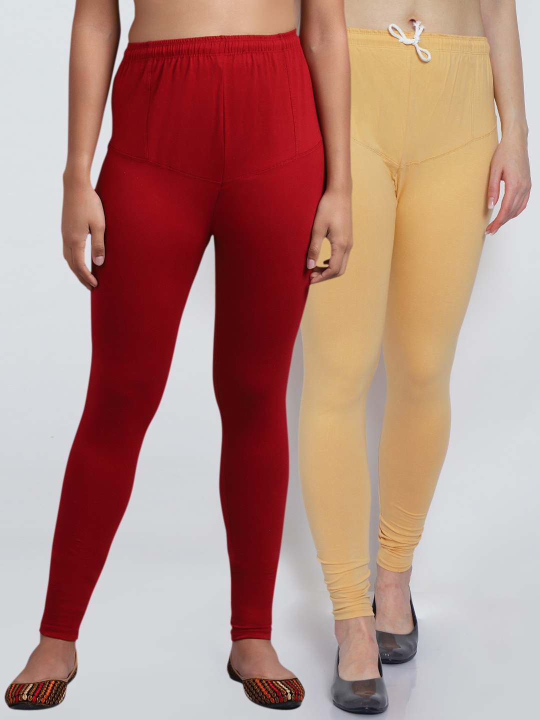 

Jinfo Women Pack Of 2 Solid Churidar-Length Leggings, Beige