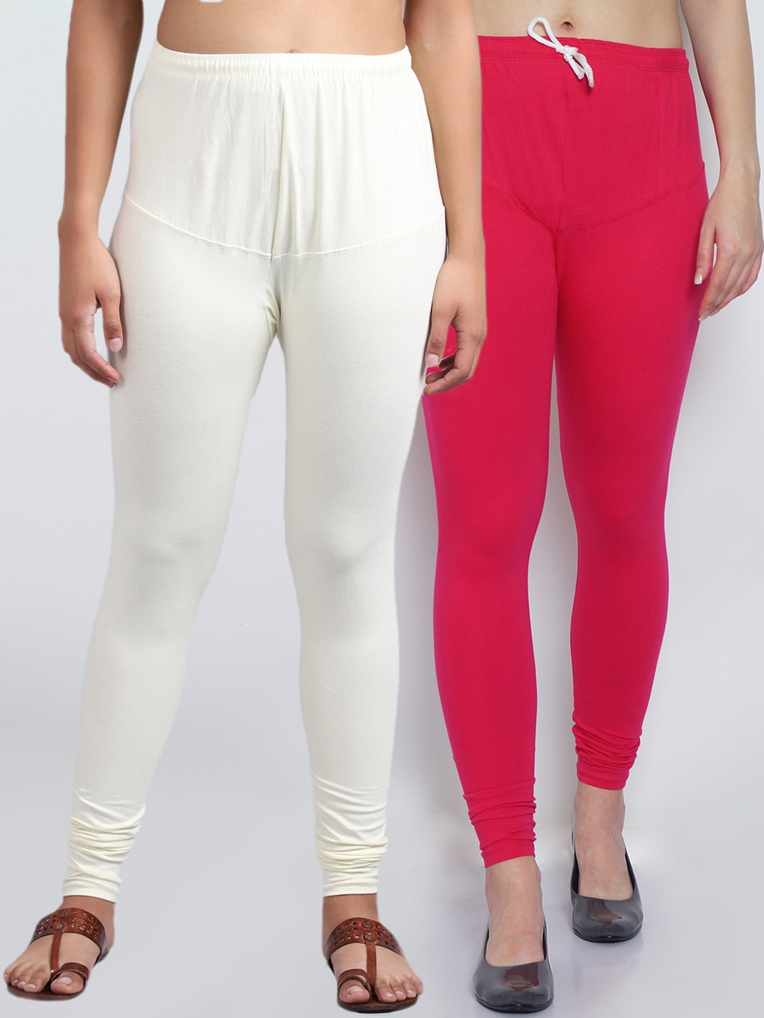 

Jinfo Women White & Pink Pack Of 2 Solid Churidar Length Leggings