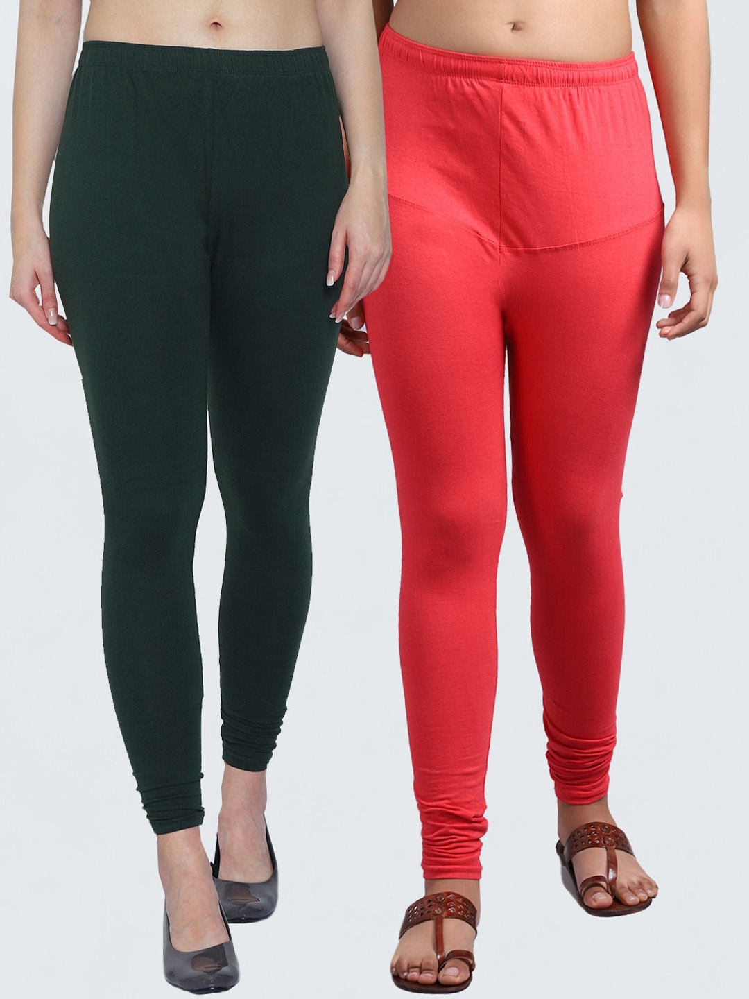

Jinfo Women Pack of 2 Solid Churidar-Length Leggings, Green
