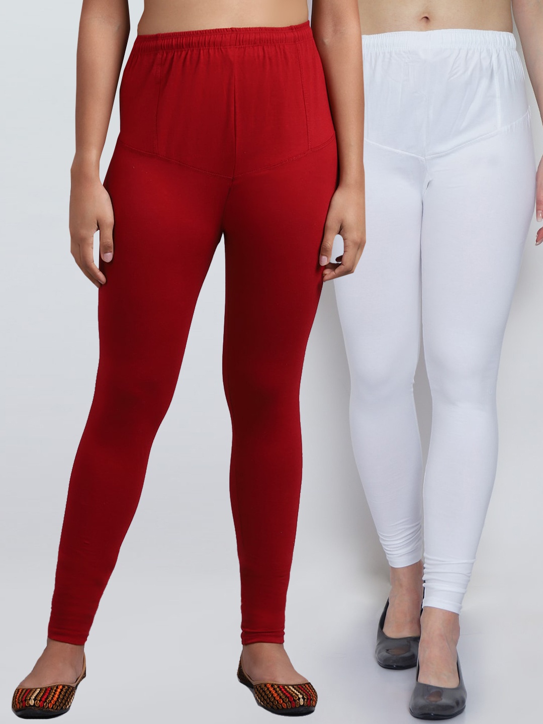 

Jinfo Women Pack Of 2 Solid White & Maroon Churidar Length Leggings