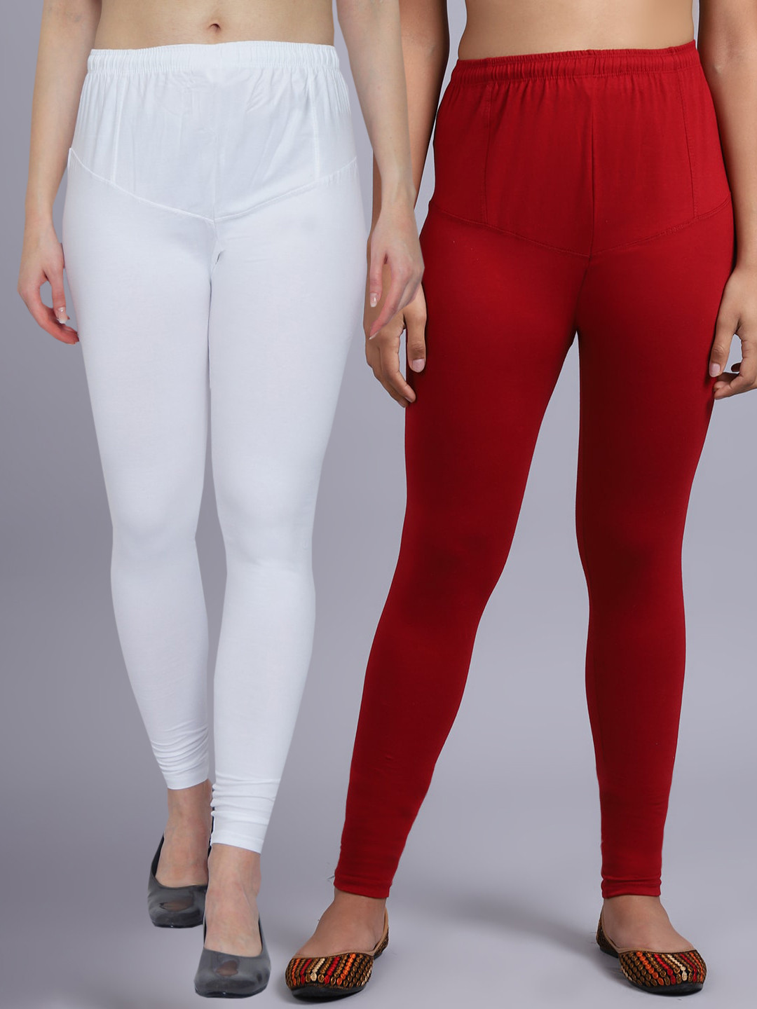 

Jinfo Women White & Maroon Pack of 2 Solid Churidar-Length Leggings