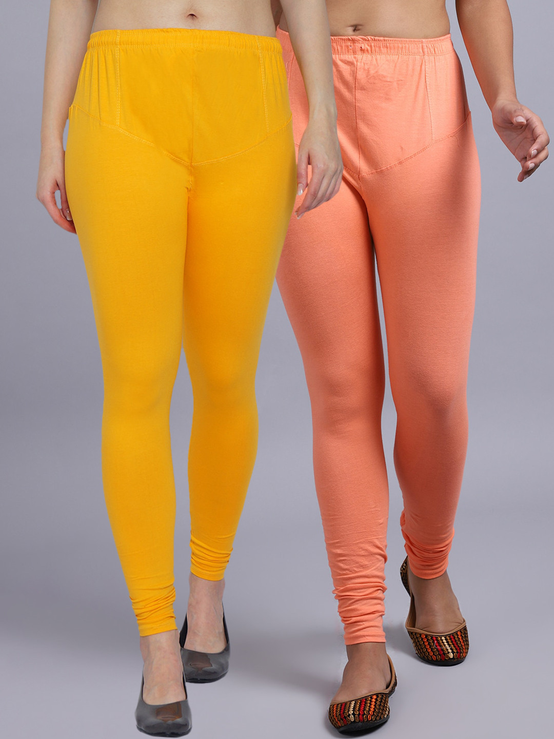 

Jinfo Women Pack Of 2 Yellow & Peach Solid churidar Length Leggings