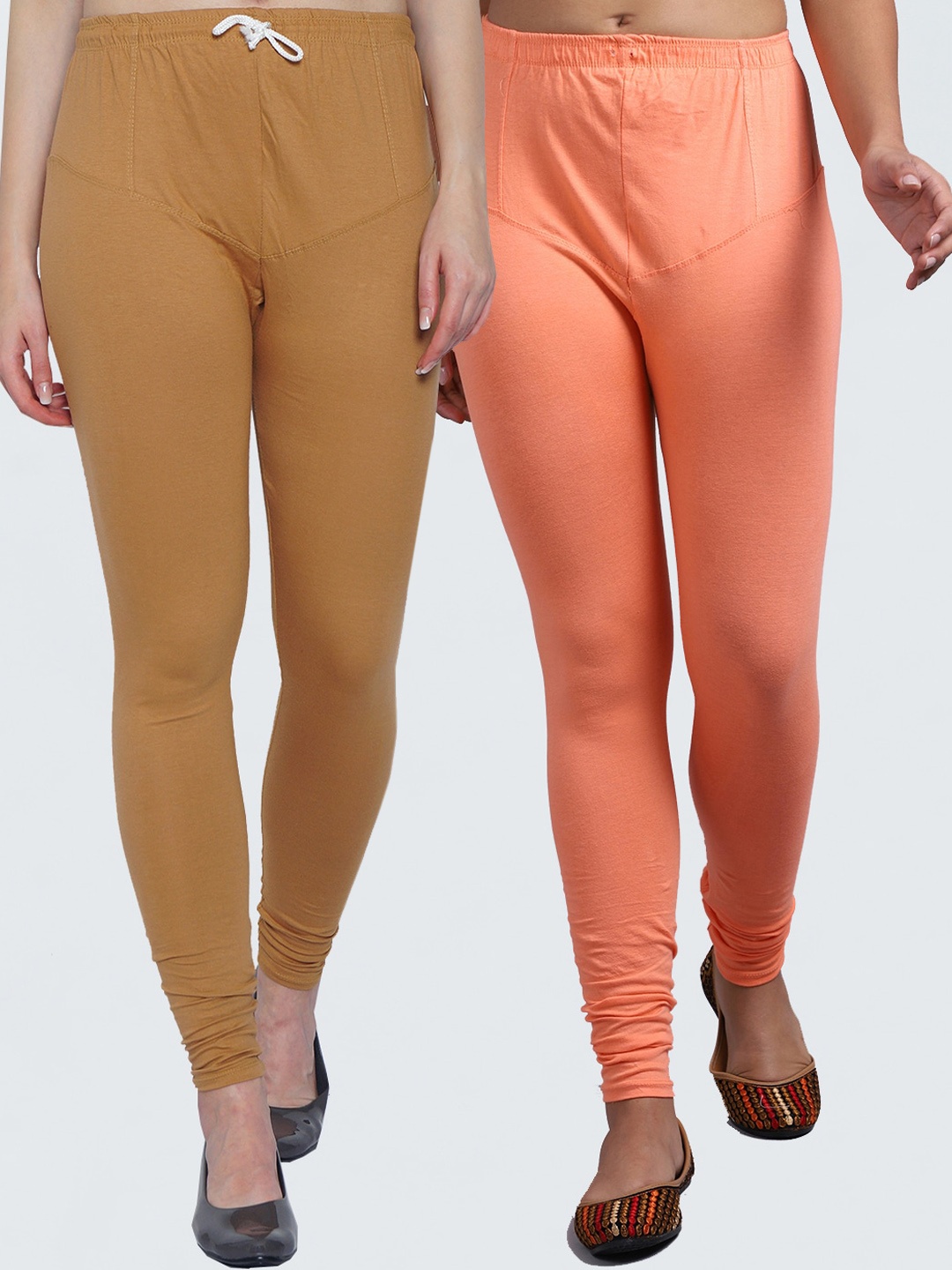 

Jinfo Women Pack Of 2 Solid Churidar-Length Leggings, Peach