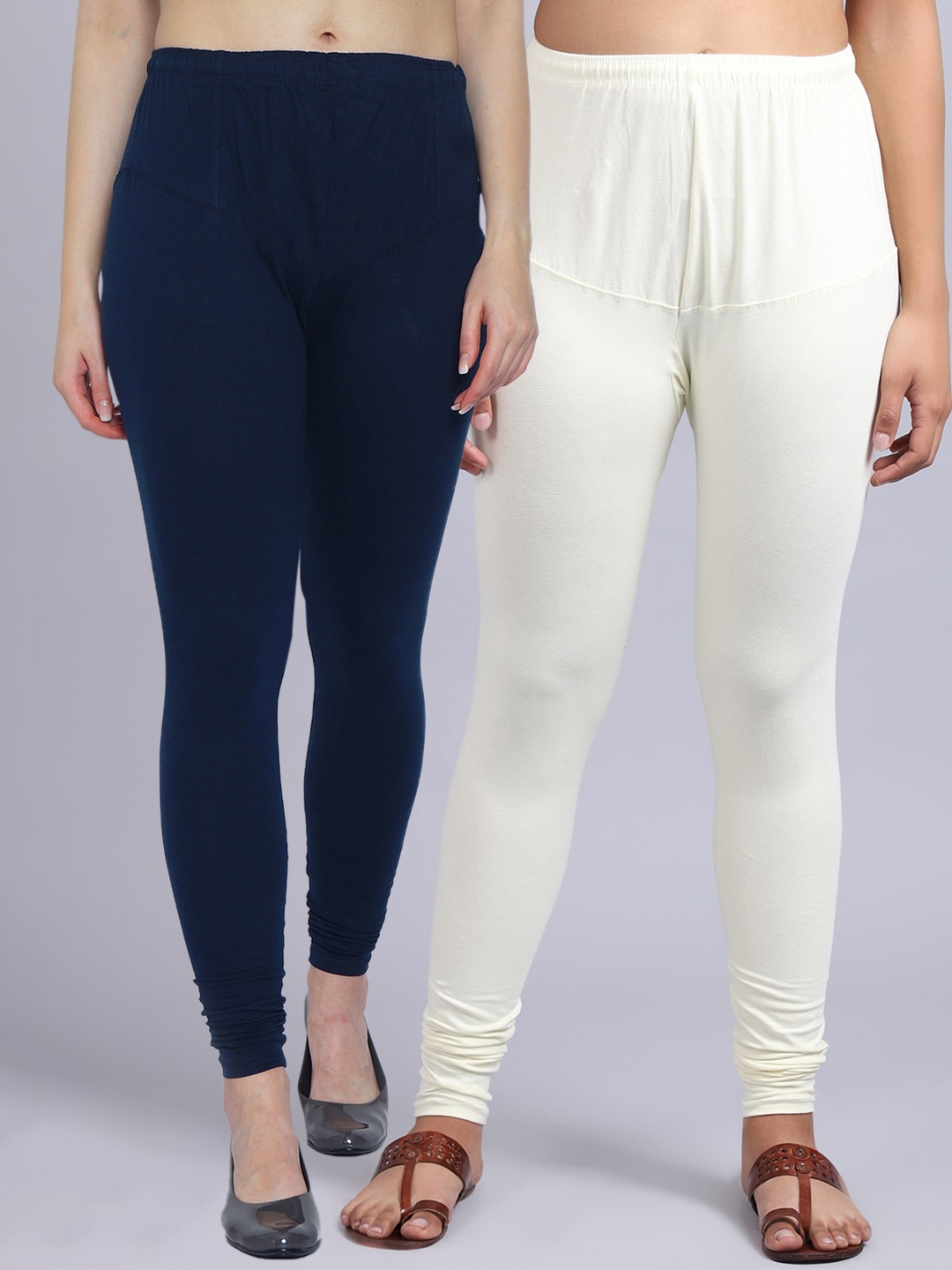 

Jinfo Women Pack Of 2 Solid Churidar-Length Leggings, Navy blue