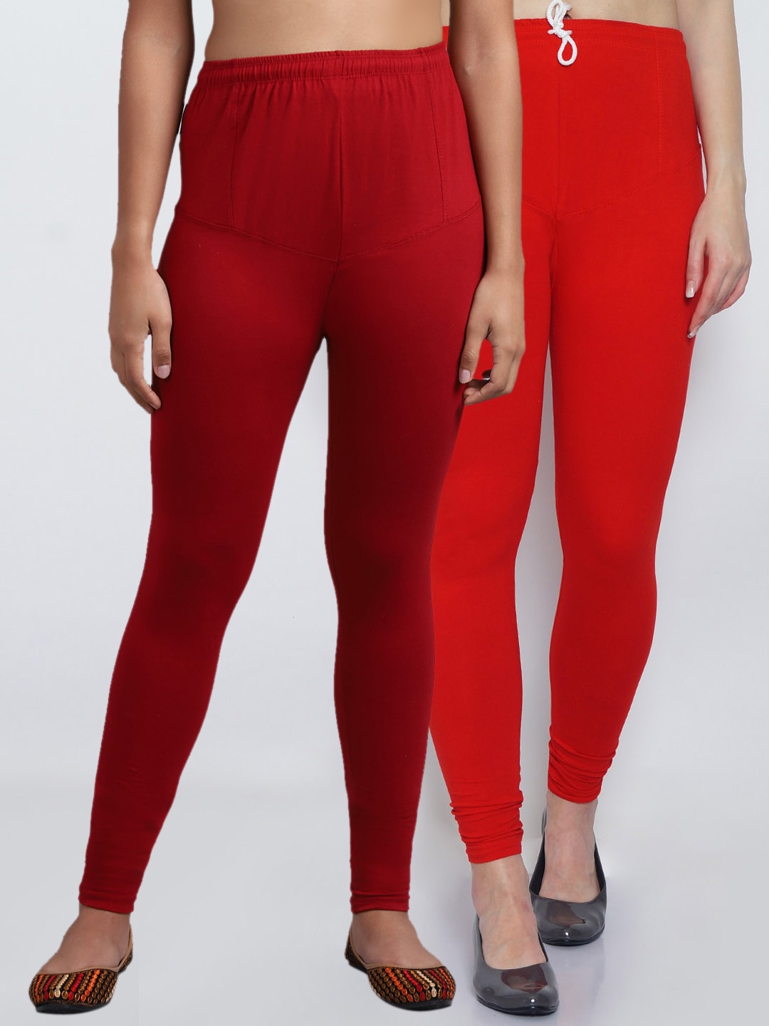 

Jinfo Women Pack Of 2 Solid Churidar-Length Leggings, Red