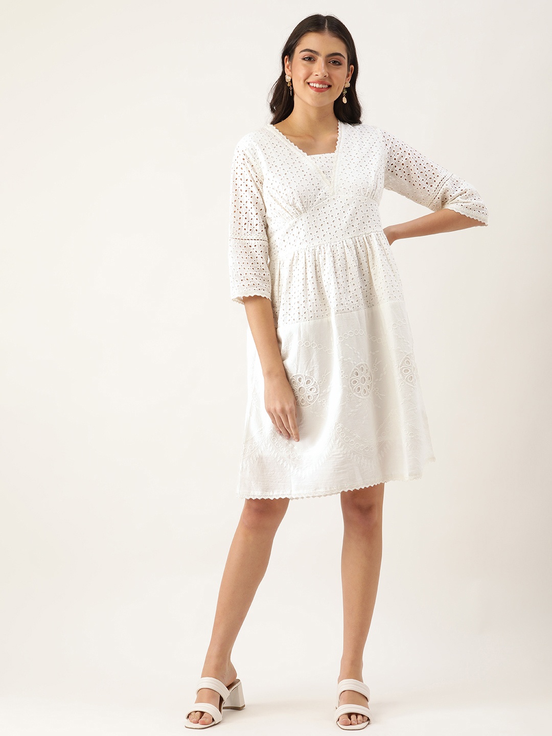 

Saanjh Women White Embroidered V-Neck Schiffli A-Line Dress