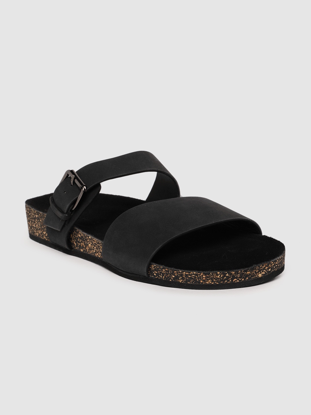 

SEVDAH Men Black Solid Leather Comfort Sandals