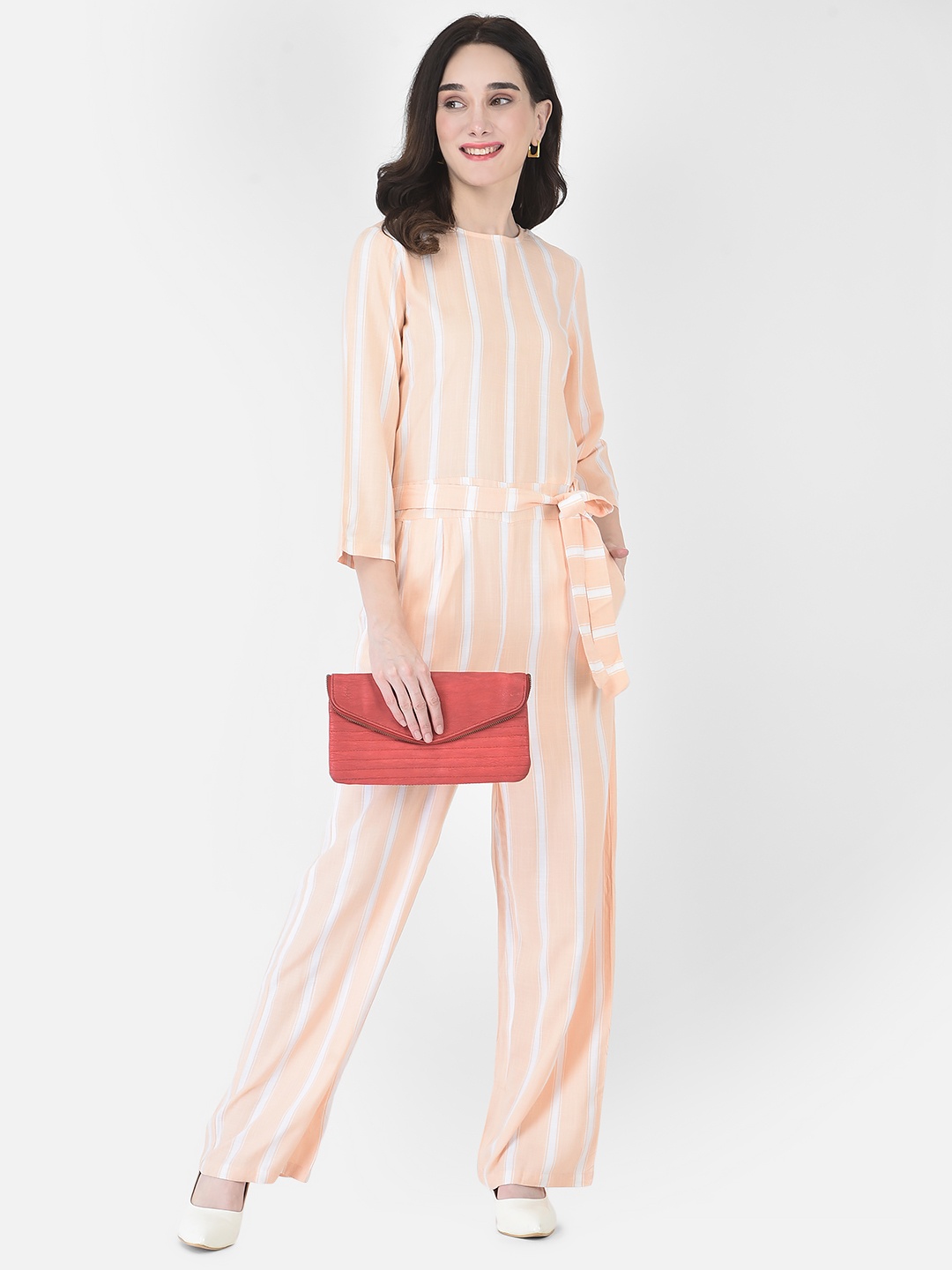

Crimsoune Club Peach-Coloured & White Striped Basic Jumpsuit