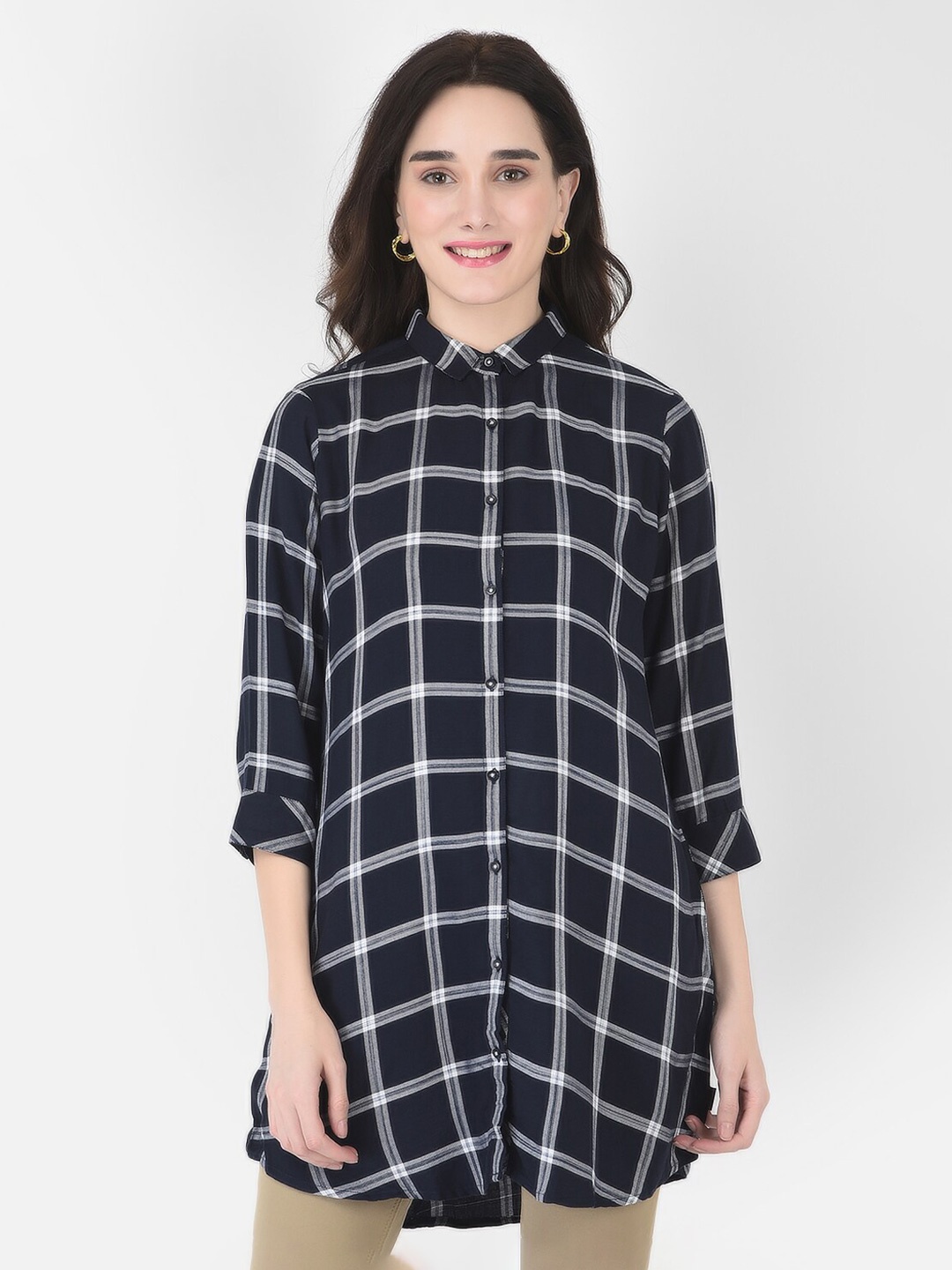 

Crimsoune Club Women Navy Blue Windowpane Checked Casual Shirt