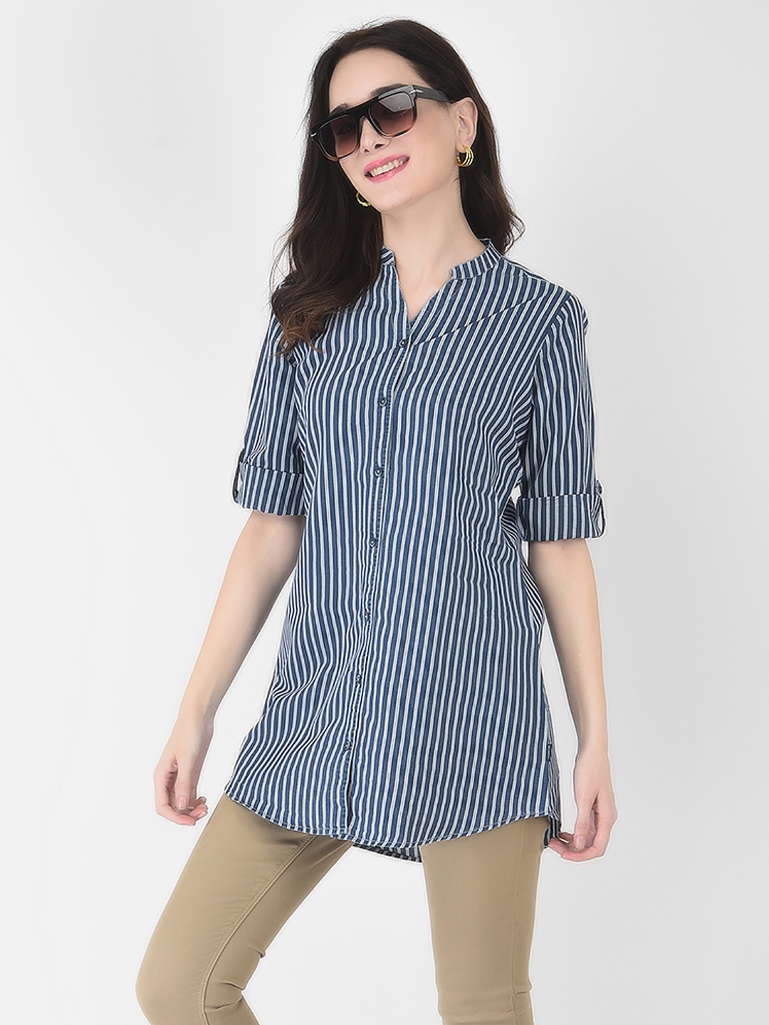 

Crimsoune Club Women Navy Blue Striped Casual Shirt