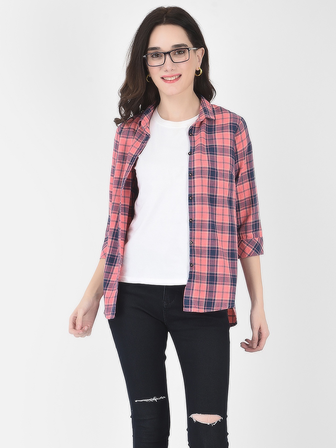 

Crimsoune Club Women Pink Slim Fit Tartan Checks Checked Casual Shirt