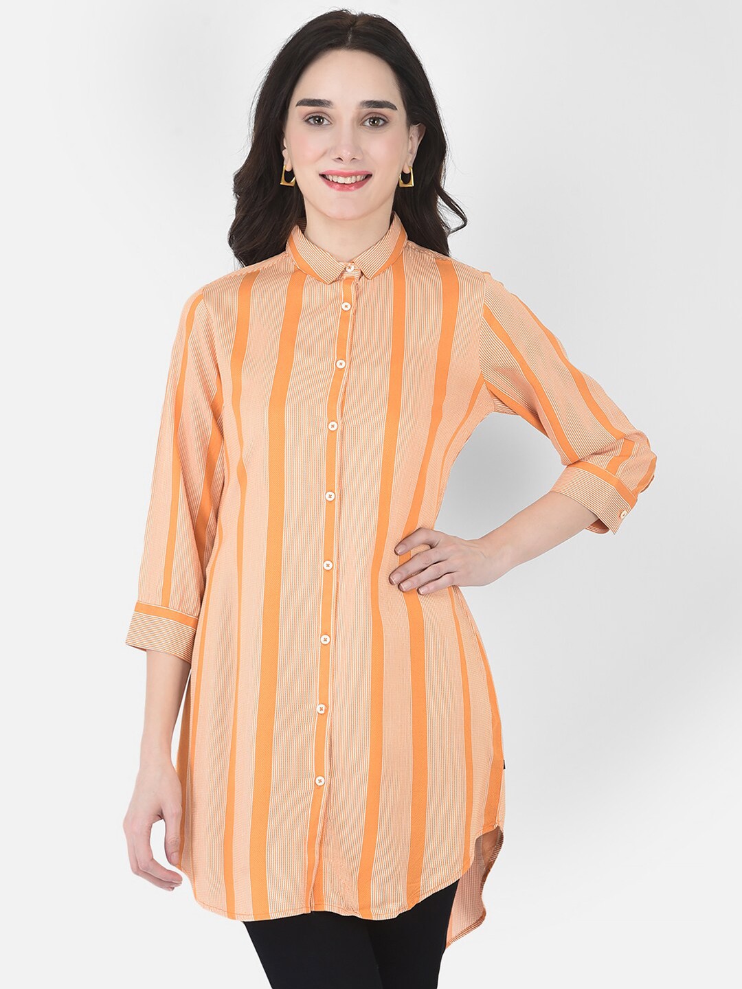 

Crimsoune Club Women Orange Striped Casual Shirt