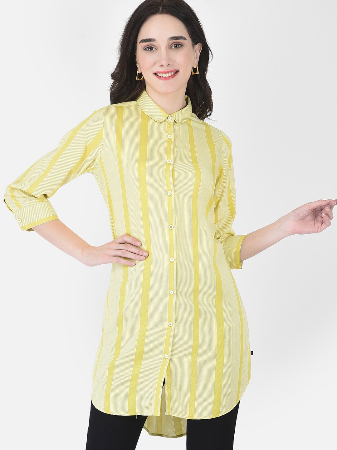 

Crimsoune Club Women Yellow Striped Casual Shirt