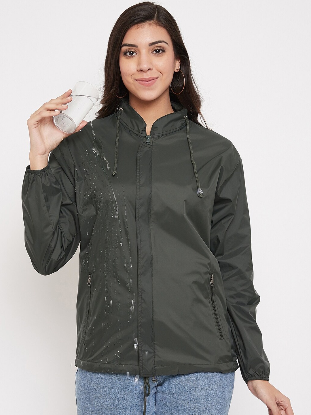 

Okane Women Olive Green Geometric Windcheater and Water Resistant Tailored Jacket