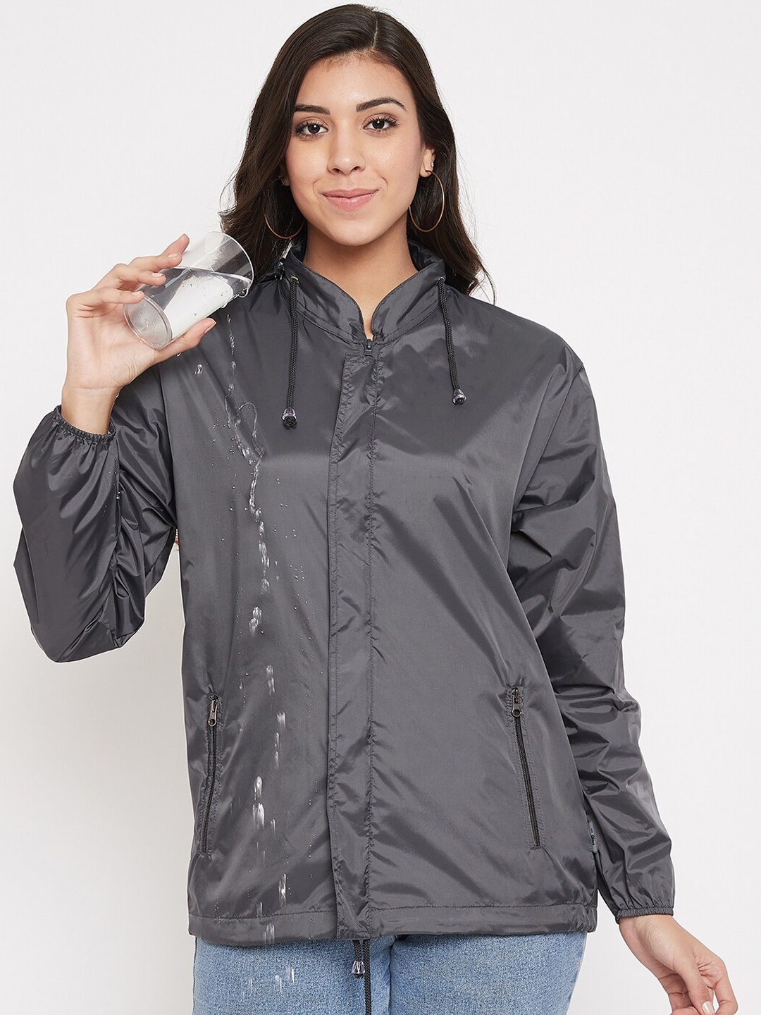 

Okane Women Grey Windcheater & Water Resistant Bomber Jacket