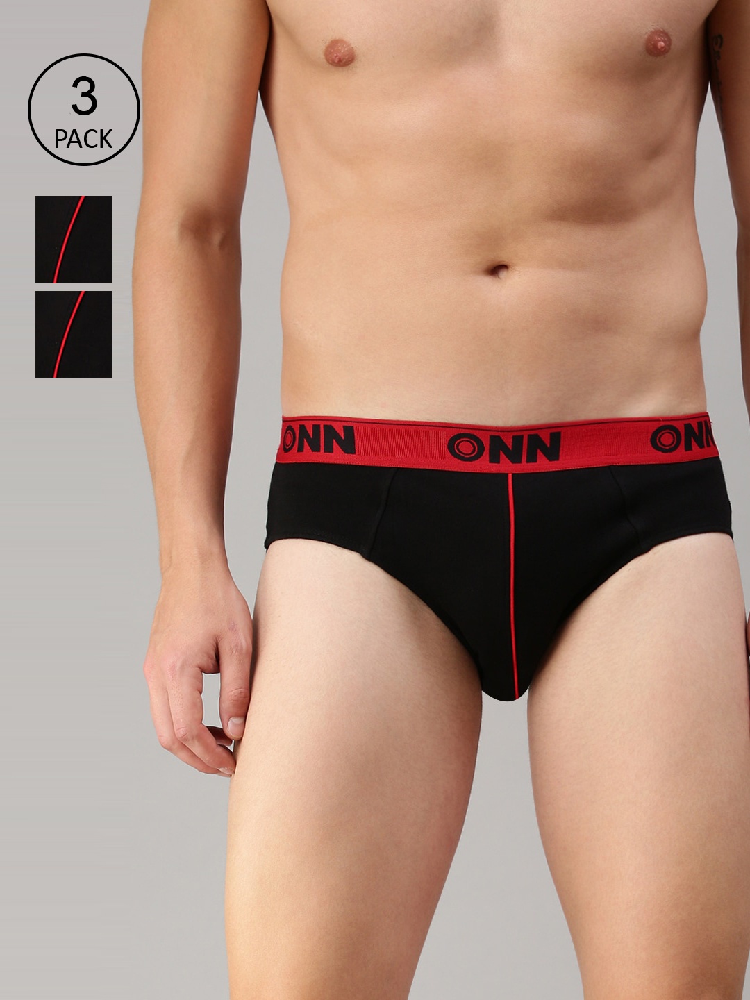 

ONN Men Set of 3 Black & Red Solid Basic Briefs ONN_252_BLK_3PC