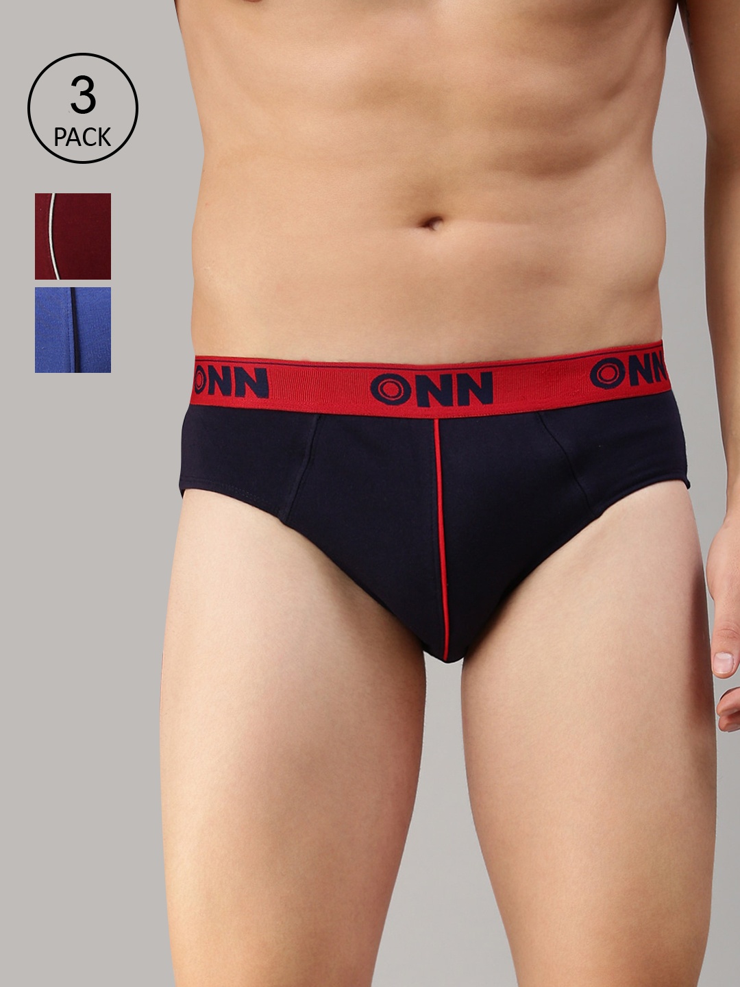 

ONN Men Maroon Navy Blue Set of 3 Solid Cotton Basic Briefs ONN_252_MN_NB_RBU