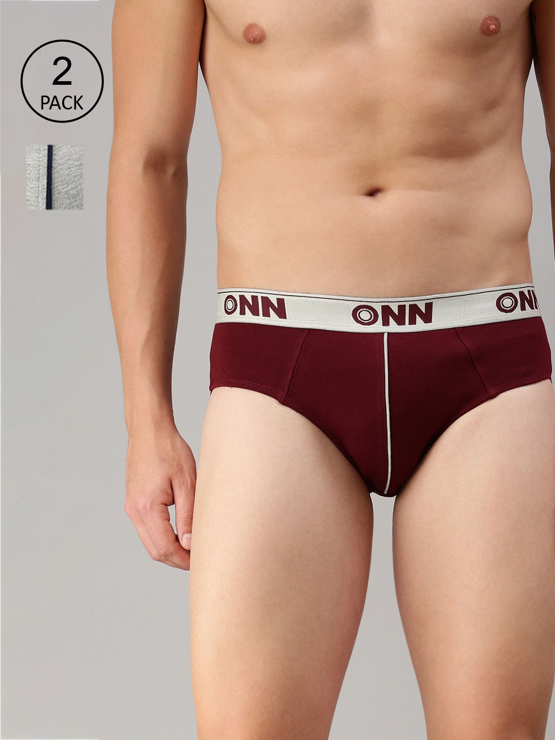 

ONN Men Pack Of 2 Grey Melange & Maroon Basic Briefs