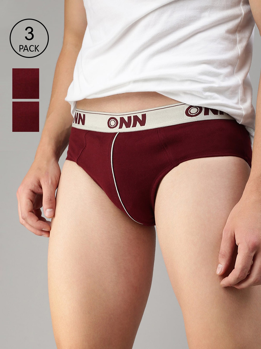 

ONN Men Pack Of 3 Maroon Solid Basic Briefs
