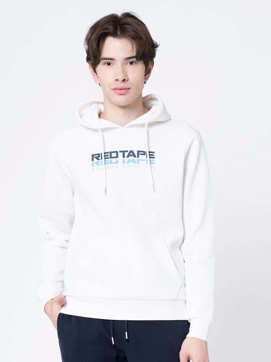 

Red Tape Men Off White Printed Hooded Sweatshirt