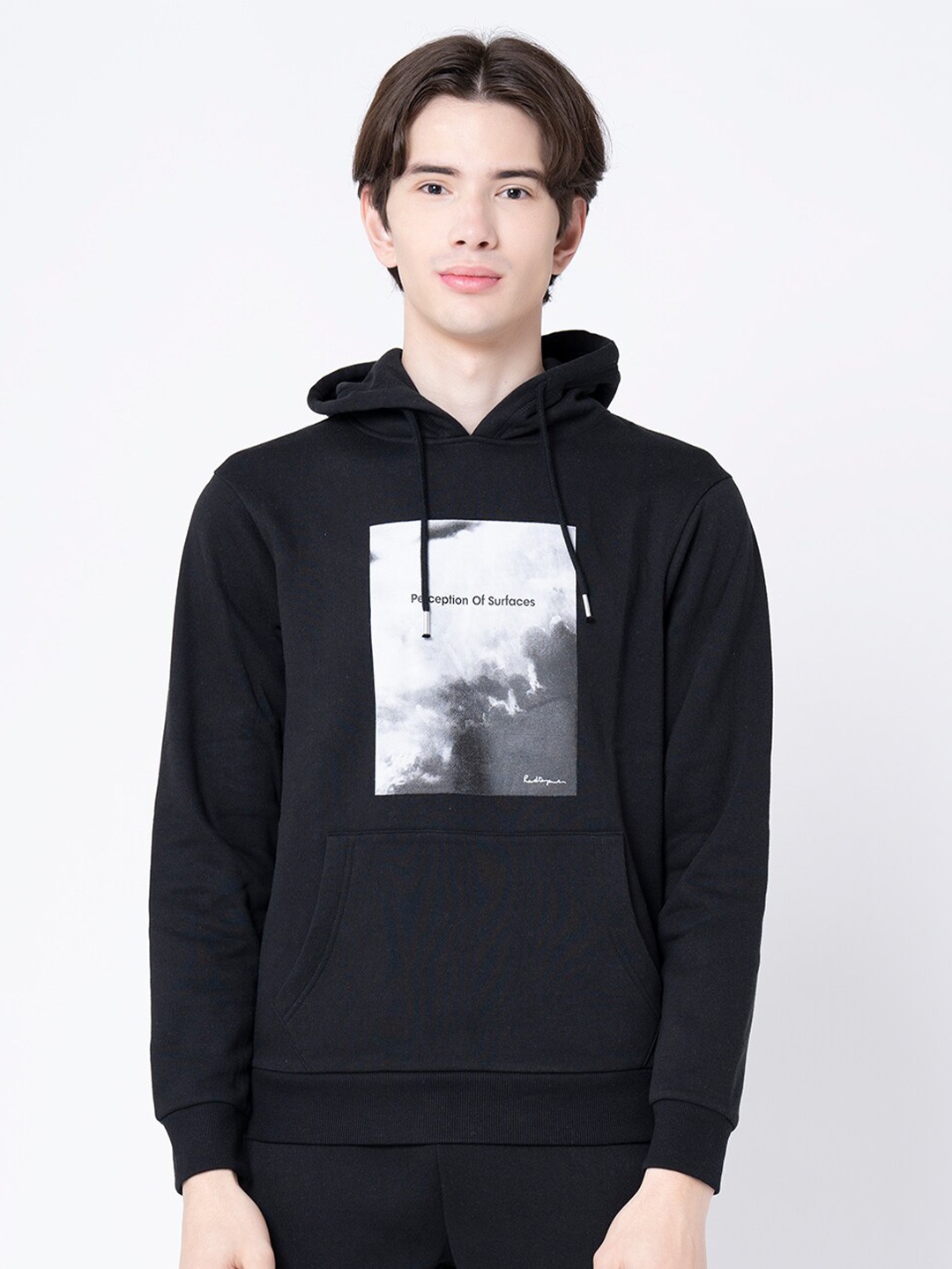 

Red Tape Men Black Printed Hooded Sweatshirt