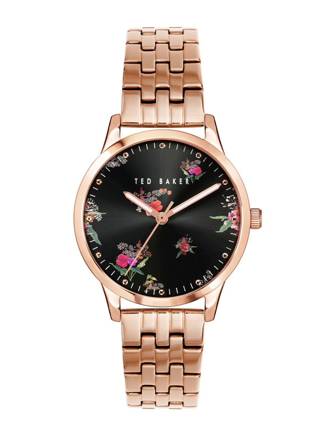 

Ted Baker Women Black Printed Dial & Rose Gold Toned Stainless Steel Bracelet Style Straps Analogue Watch