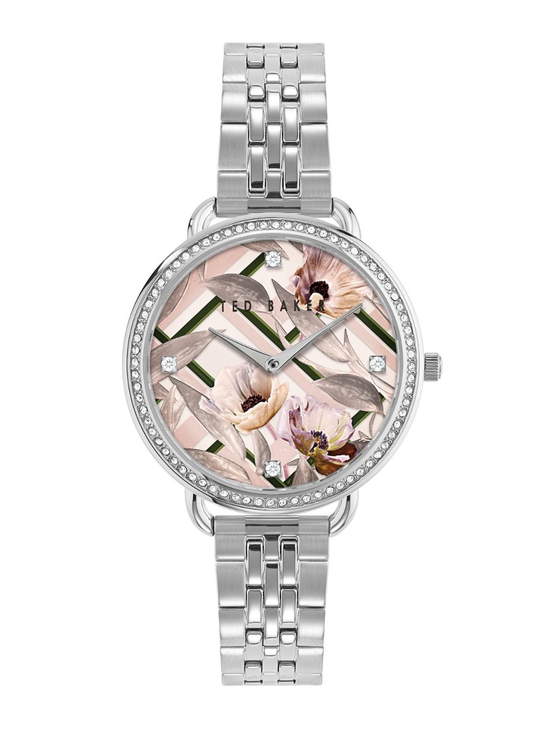 

Ted Baker Women White Printed Dial & Gold Toned Stainless Steel Bracelet Style Straps Analogue Watch