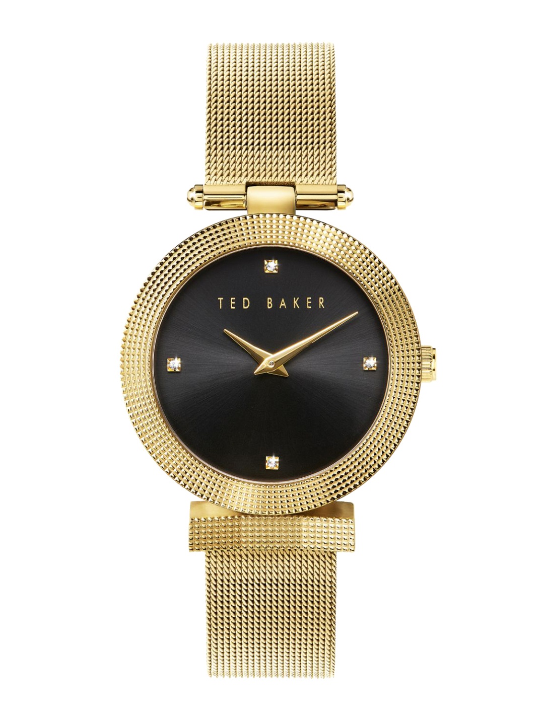 

Ted Baker Women Black Embellished Dial & Gold Toned Bracelet Style Straps Analogue Watch